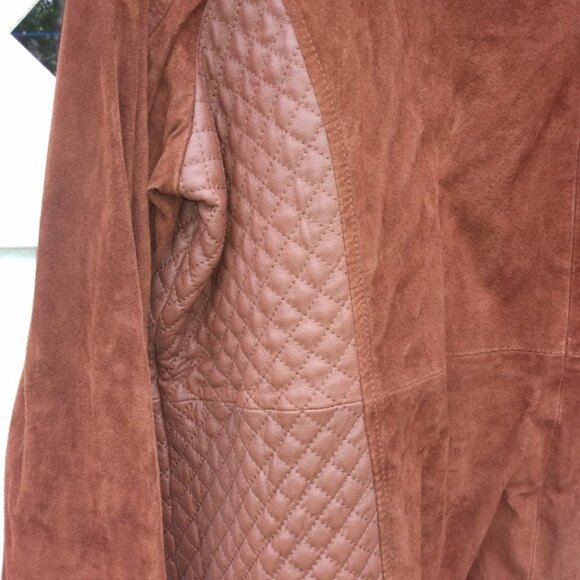 Isaac Mizrahi Women's 22W Suede Leather Moto Jacket Brown Rust Quilted Zip Up - Picture 12 of 15